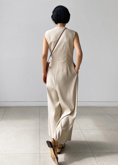 Chic Beige V Neck Button Pockets Jumpsuit Pants Summer