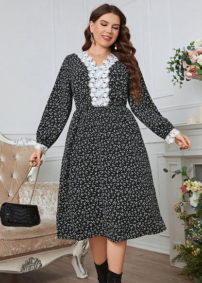 Chic Black Lace Print Patchwork Loose Cotton Dress Fall