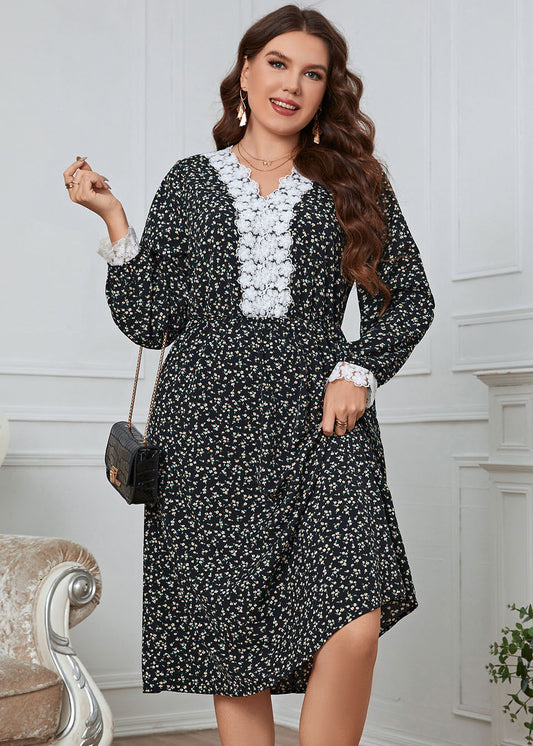 Chic Black Lace Print Patchwork Loose Cotton Dress Fall