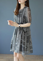 Chic Black O-Neck Ruffled Print Chiffon Party Dress Summer