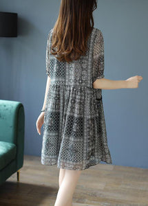 Chic Black O-Neck Ruffled Print Chiffon Party Dress Summer
