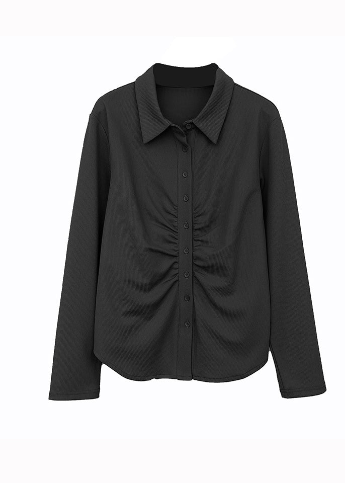 Chic Black Peter Pan Collar Patchwork Cotton Shirts Tops Fall