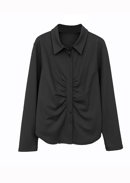 Chic Black Peter Pan Collar Patchwork Cotton Shirts Tops Fall