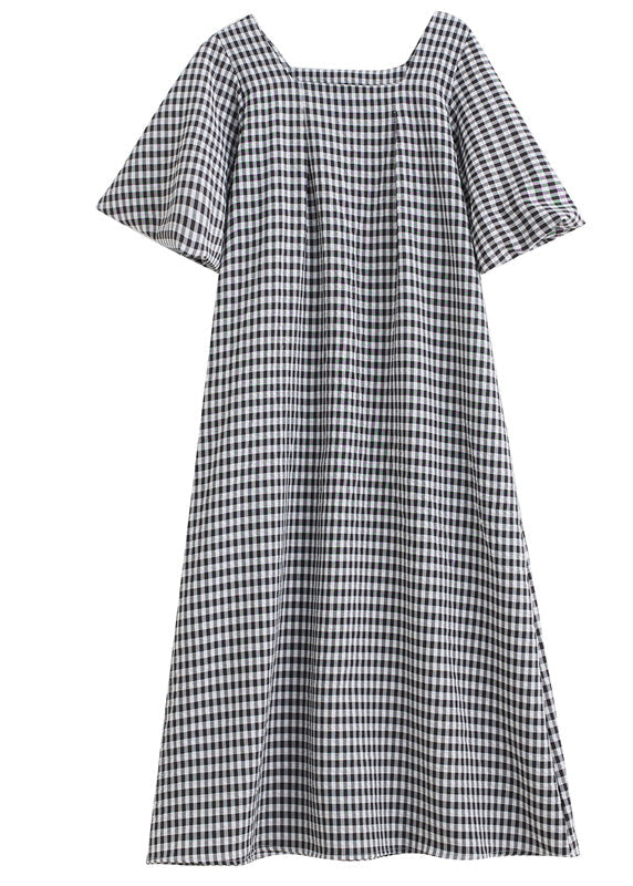 Chic Black Square Collar Plaid Linen A Line Dress Puff Sleeve