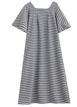 Load image into Gallery viewer, Chic Black Square Collar Plaid Linen A Line Dress Puff Sleeve