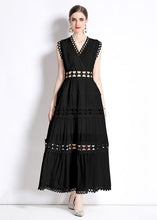 Load image into Gallery viewer, Chic Black V Neck Hollow Out Patchwork Wrinkled Cotton Long Dresses Sleeveless