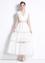 Load image into Gallery viewer, Chic Black V Neck Hollow Out Patchwork Wrinkled Cotton Long Dresses Sleeveless