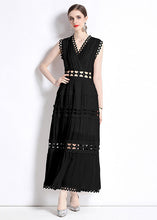 Load image into Gallery viewer, Chic Black V Neck Hollow Out Patchwork Wrinkled Cotton Long Dresses Sleeveless