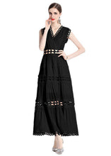 Load image into Gallery viewer, Chic Black V Neck Hollow Out Patchwork Wrinkled Cotton Long Dresses Sleeveless