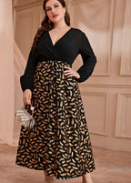 Chic Black V Neck Ruffled Patchwork Chiffon Long Dresses Long Sleeve