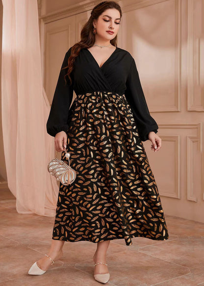 Chic Black V Neck Ruffled Patchwork Chiffon Long Dresses Long Sleeve