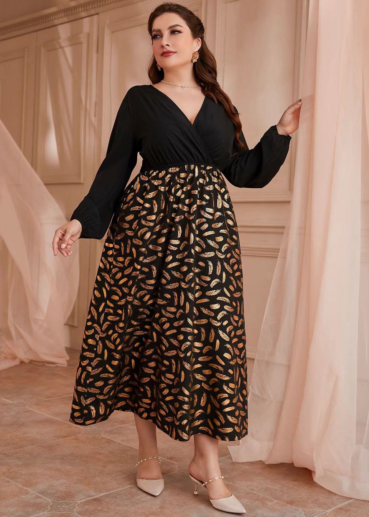 Chic Black V Neck Ruffled Patchwork Chiffon Long Dresses Long Sleeve