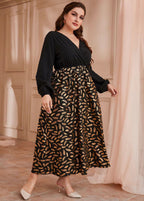 Chic Black V Neck Ruffled Patchwork Chiffon Long Dresses Long Sleeve