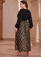 Chic Black V Neck Ruffled Patchwork Chiffon Long Dresses Long Sleeve