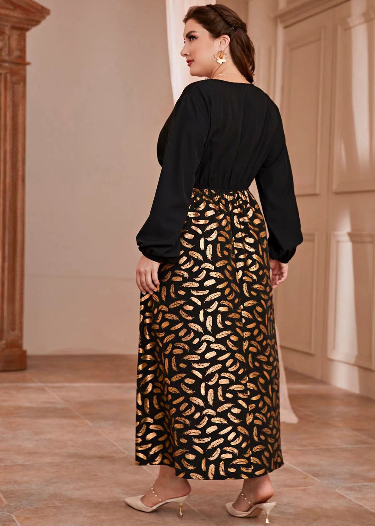 Chic Black V Neck Ruffled Patchwork Chiffon Long Dresses Long Sleeve