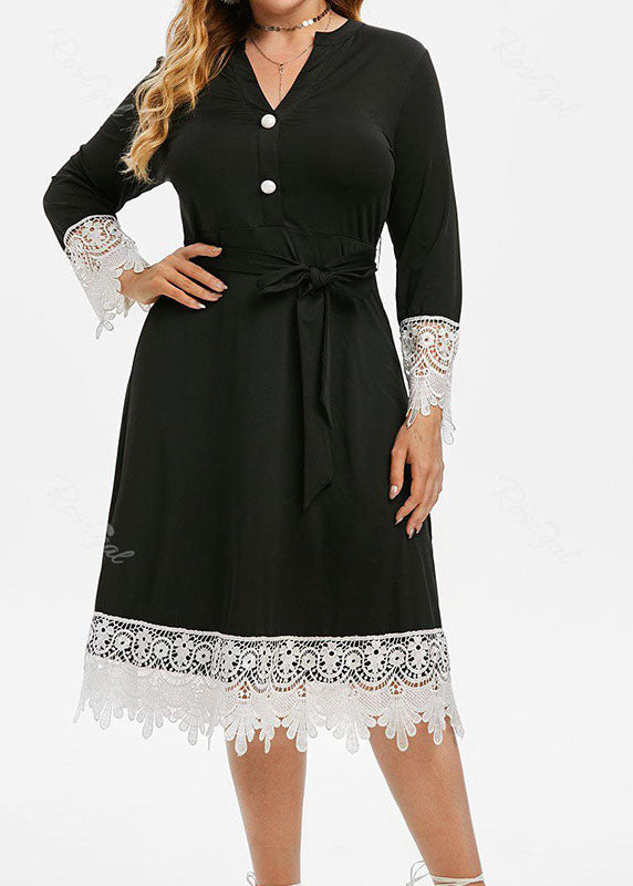 Chic Black V Neck Tie Waist Button Lace Patchwork Knit Long Dress Long Sleeve