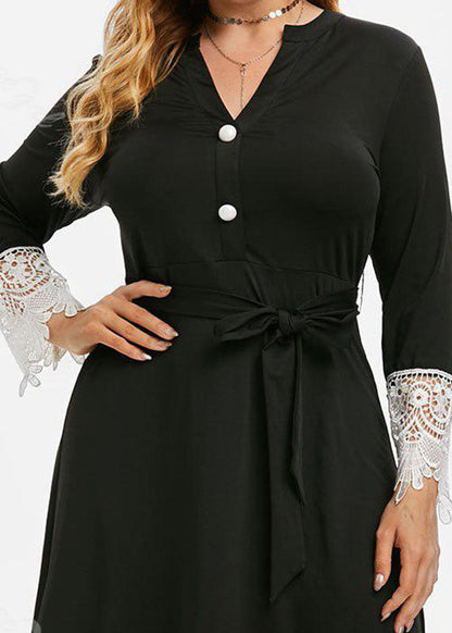 Chic Black V Neck Tie Waist Button Lace Patchwork Knit Long Dress Long Sleeve