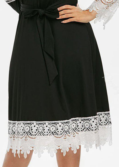 Chic Black V Neck Tie Waist Button Lace Patchwork Knit Long Dress Long Sleeve