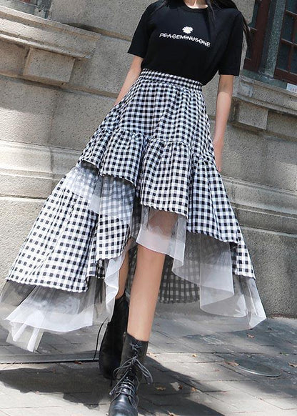 Chic Black White Plaid Ruffles Patchwork Lace Skirt Summer