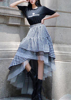 Chic Black White Plaid Ruffles Patchwork Lace Skirt Summer