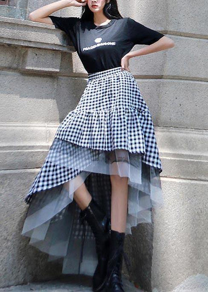Chic Black White Plaid Ruffles Patchwork Lace Skirt Summer
