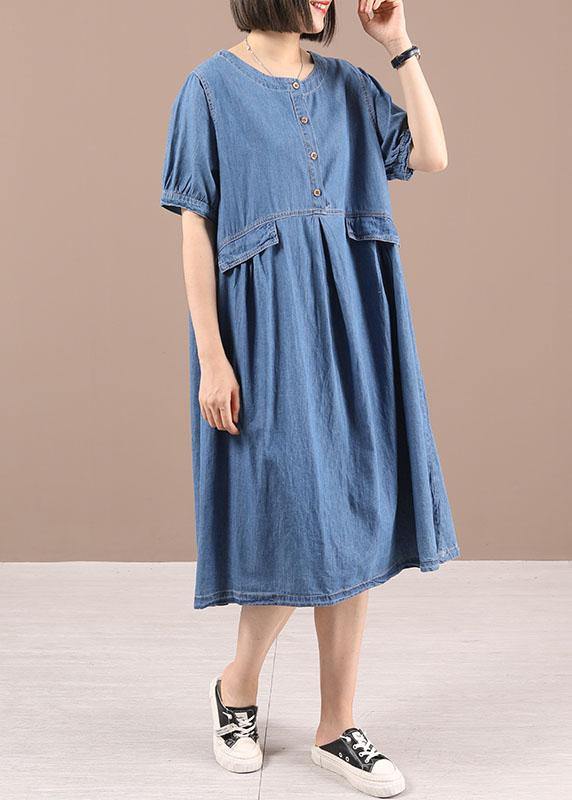 Chic Blue Button Cinched Denim Summer Dresses