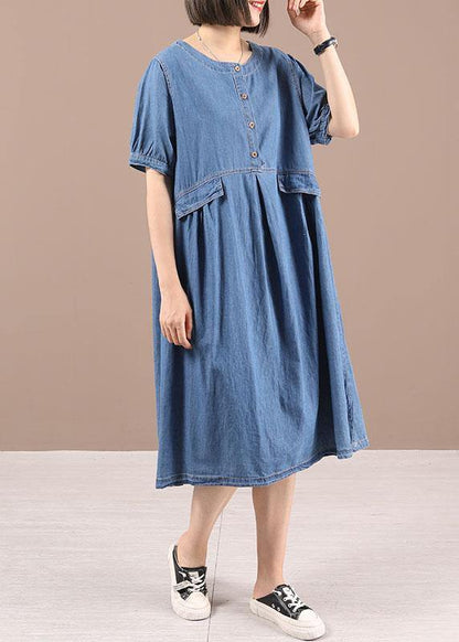 Chic Blue Button Cinched Denim Summer Dresses