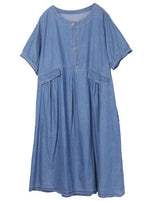 Chic Blue Button Cinched Denim Summer Dresses