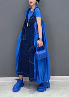 Chic Blue Oversized Patchwork Cotton Denim Strap Dress Summer