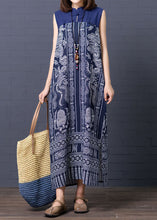 Load image into Gallery viewer, Chic Blue Stand Collar Print Patchwork Cotton Summer Dress Sleeveless