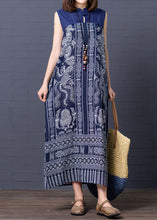 Load image into Gallery viewer, Chic Blue Stand Collar Print Patchwork Cotton Summer Dress Sleeveless