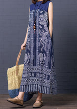 Load image into Gallery viewer, Chic Blue Stand Collar Print Patchwork Cotton Summer Dress Sleeveless