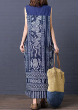 Load image into Gallery viewer, Chic Blue Stand Collar Print Patchwork Cotton Summer Dress Sleeveless