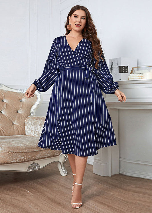 Chic Blue V Neck Striped Tie Waist Patchwork Chiffon Dress Fall