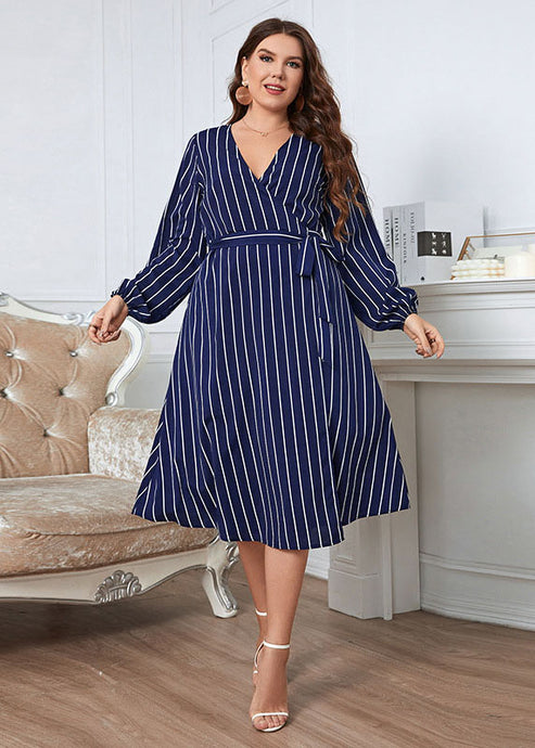 Chic Blue V Neck Striped Tie Waist Patchwork Chiffon Dress Fall