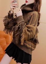 Load image into Gallery viewer, Chic Coffee High Neck Zippered Patchwork Tassel Knit Pullover Winter
