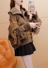 Load image into Gallery viewer, Chic Coffee High Neck Zippered Patchwork Tassel Knit Pullover Winter