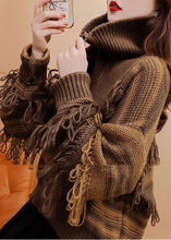 Load image into Gallery viewer, Chic Coffee High Neck Zippered Patchwork Tassel Knit Pullover Winter
