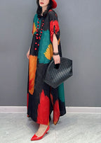 Chic Colorblock O Neck Print Patchwork Cotton Maxi Dress Spring