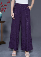 Chic Dark Purple Elastic Waist Jacquard Silk Pants Summer