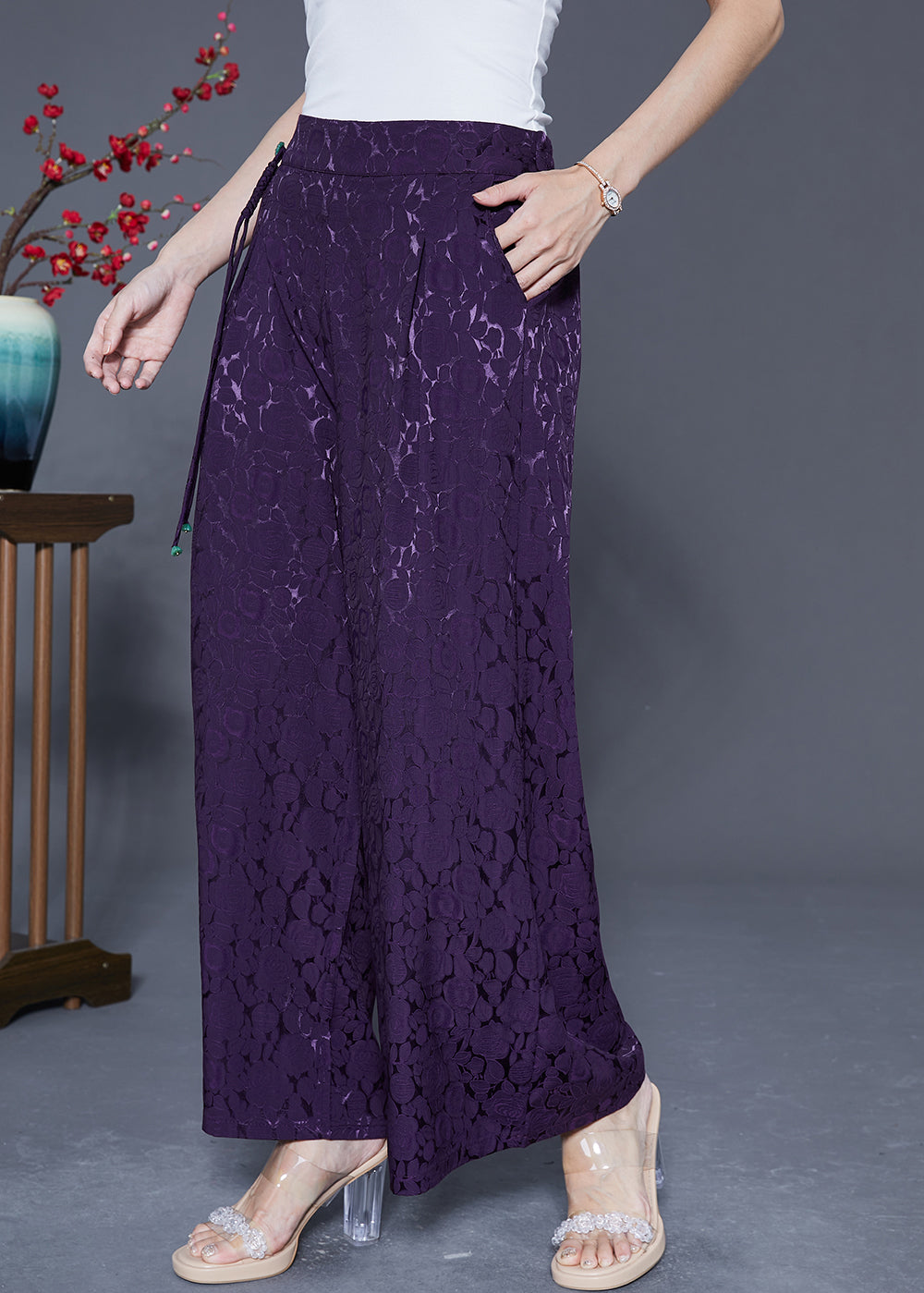 Chic Dark Purple Elastic Waist Jacquard Silk Pants Summer