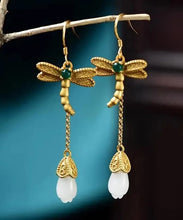 Load image into Gallery viewer, Chic Gold Sterling Silver Overgild Inlaid Jade Tassel Dragonfly Drop Earrings