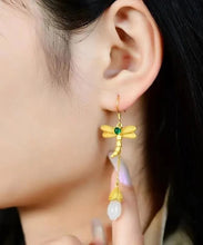 Load image into Gallery viewer, Chic Gold Sterling Silver Overgild Inlaid Jade Tassel Dragonfly Drop Earrings