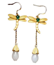 Load image into Gallery viewer, Chic Gold Sterling Silver Overgild Inlaid Jade Tassel Dragonfly Drop Earrings