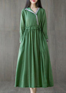 Chic Green Asymmetrical Design Tie Waist Cotton Holiday Dress Spring
