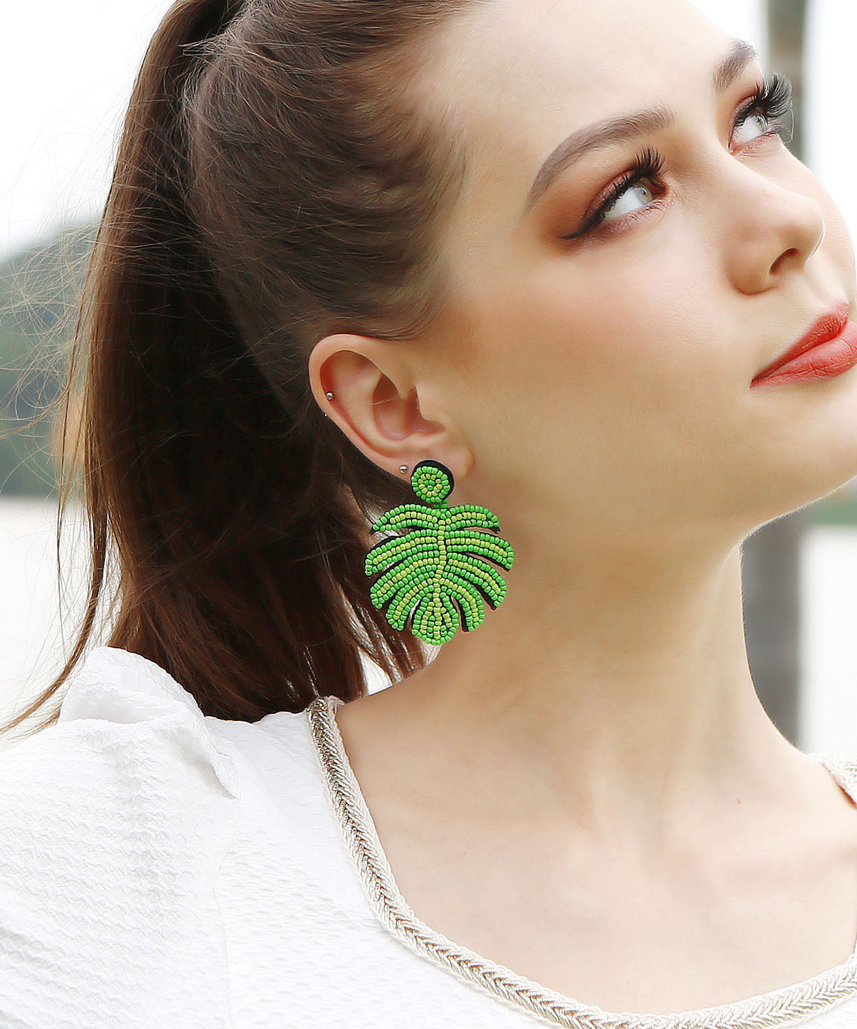 Chic Green Handmade Beading Knit Fabric Tortoid Drop Earrings