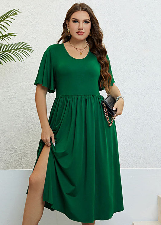 Chic Green O Neck Wrinkled Patchwork Cotton Dress Summer