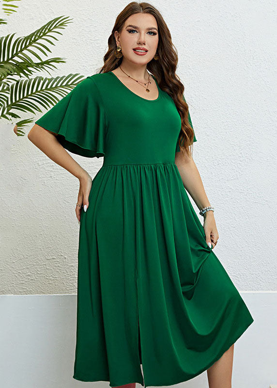 Chic Green O Neck Wrinkled Patchwork Cotton Dress Summer