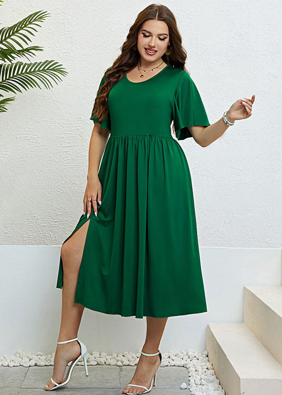 Chic Green O Neck Wrinkled Patchwork Cotton Dress Summer