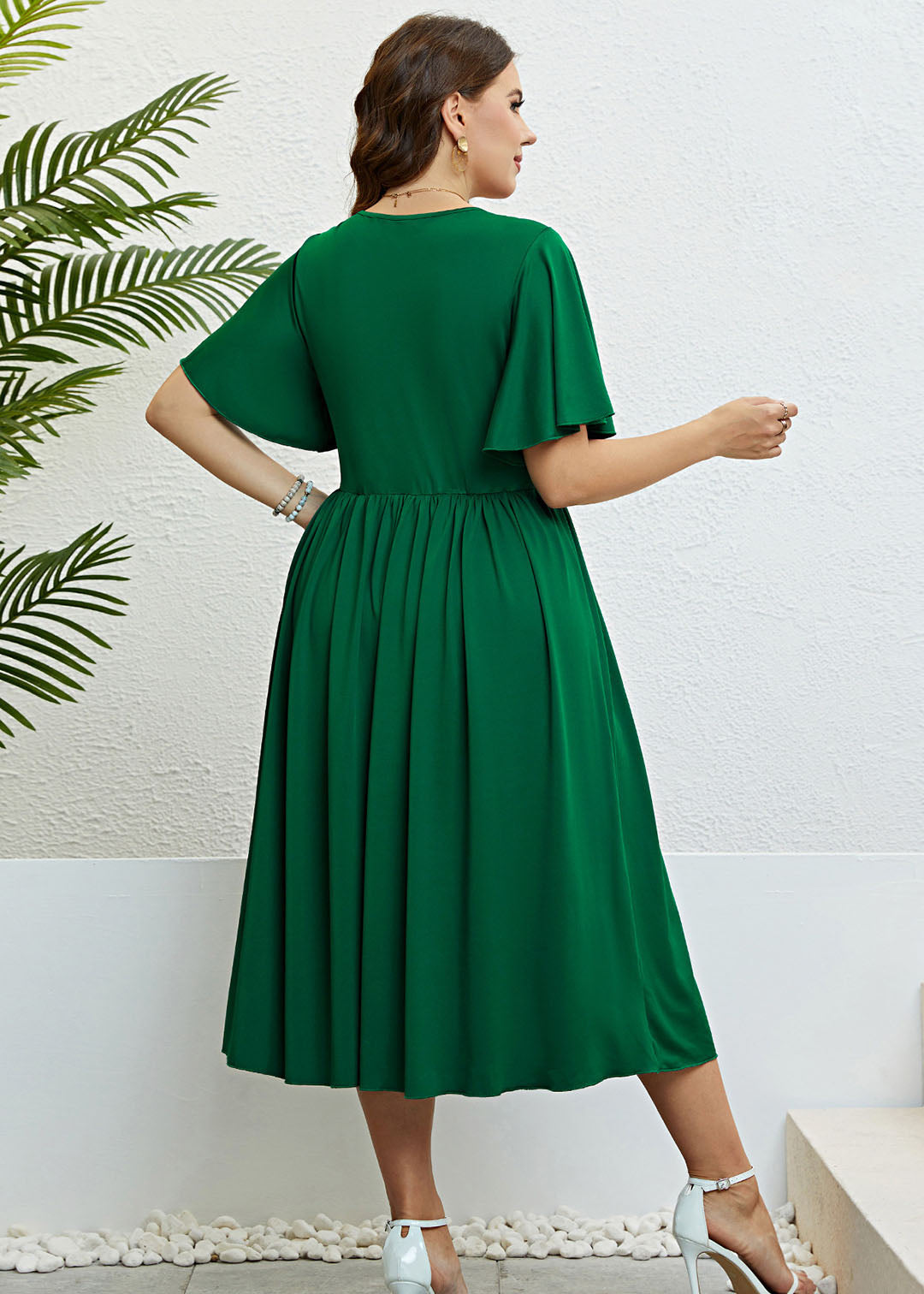 Chic Green O Neck Wrinkled Patchwork Cotton Dress Summer